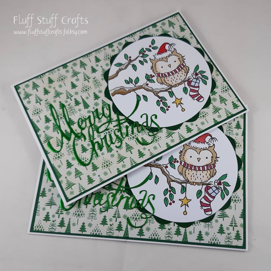 Pack of 2 handmade Christmas cards - festive owl