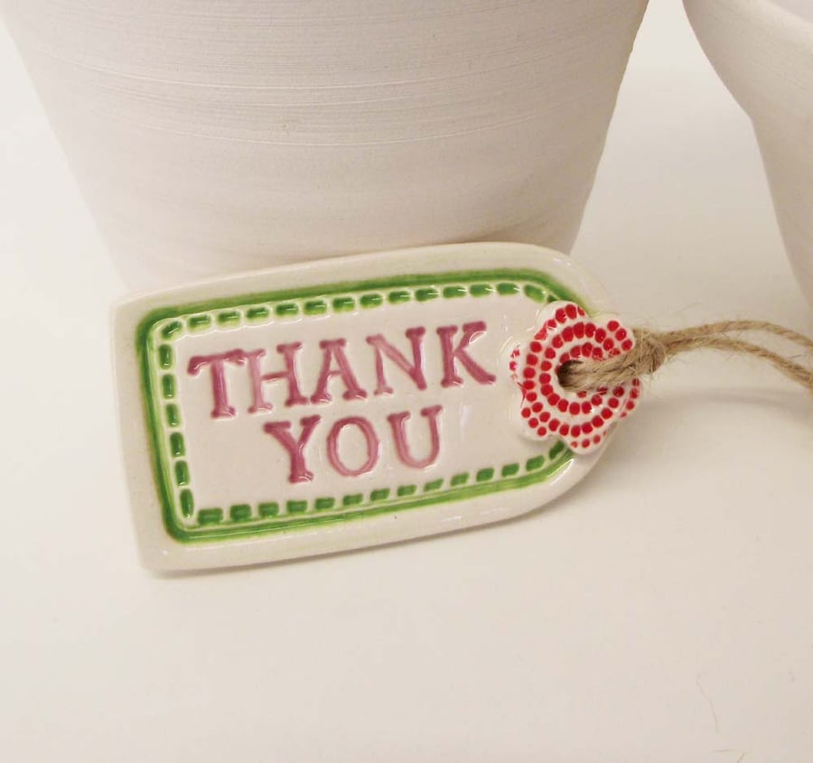 Small ceramic Thank You gift tag decoration with flower