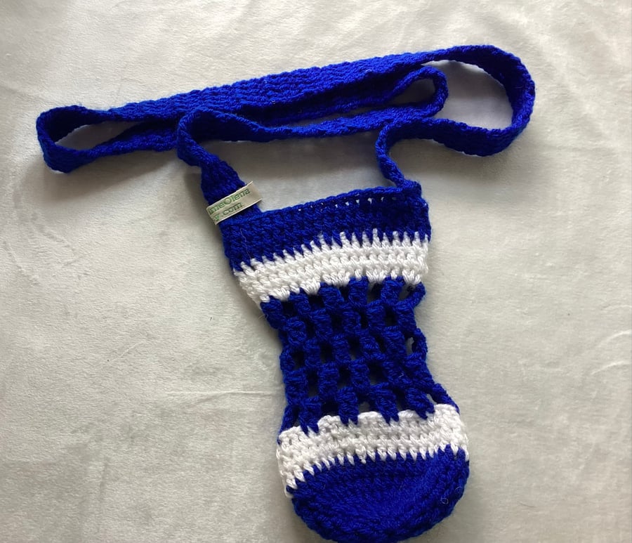 Crochet water bottle holder, crochet pouch, blue bag,