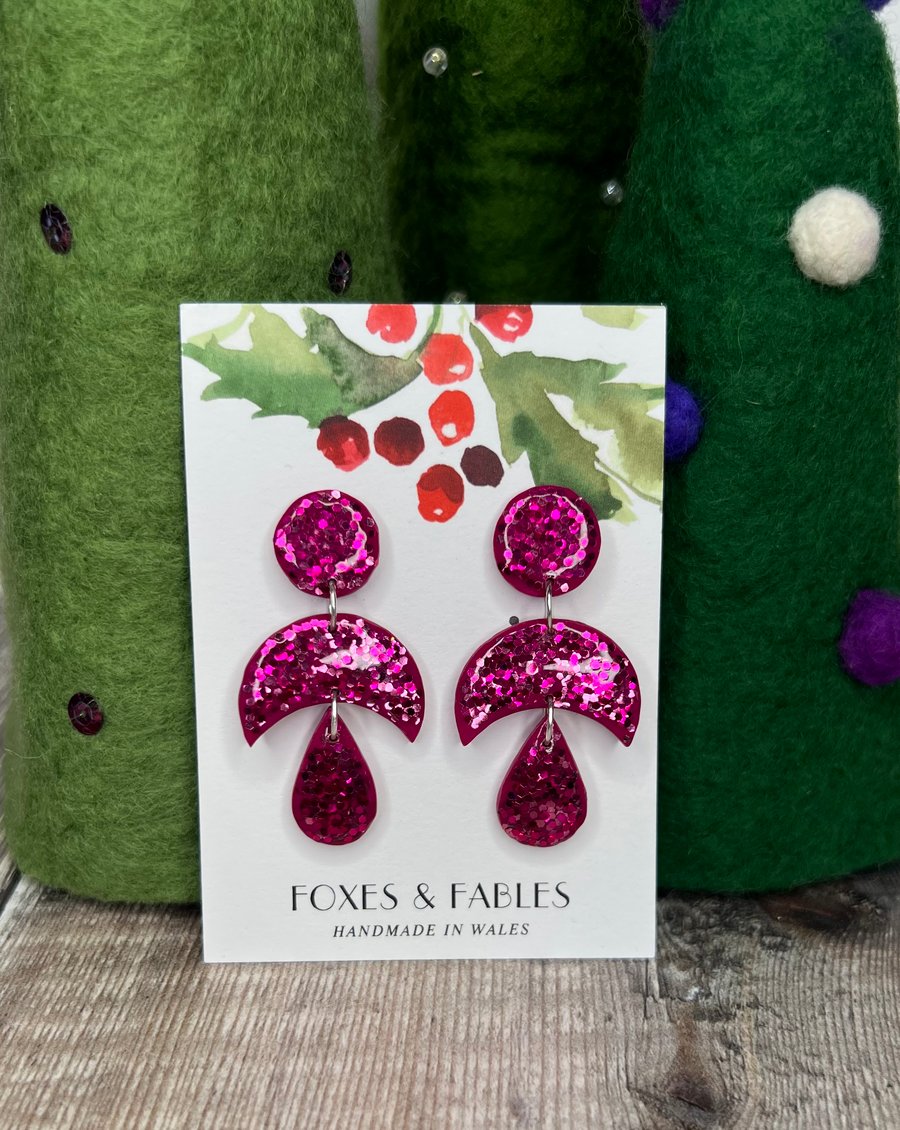 Sparkly hot pink dangle earrings 