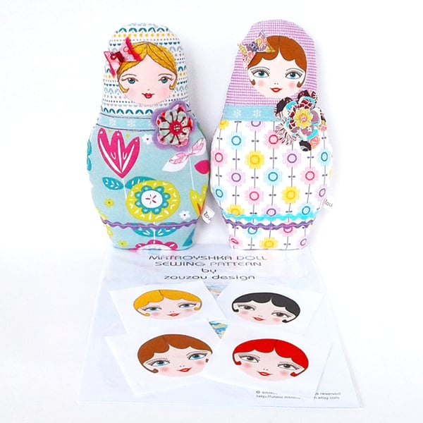 Matryoshka Doll Sewing Pattern and 4 Fabric Doll Faces