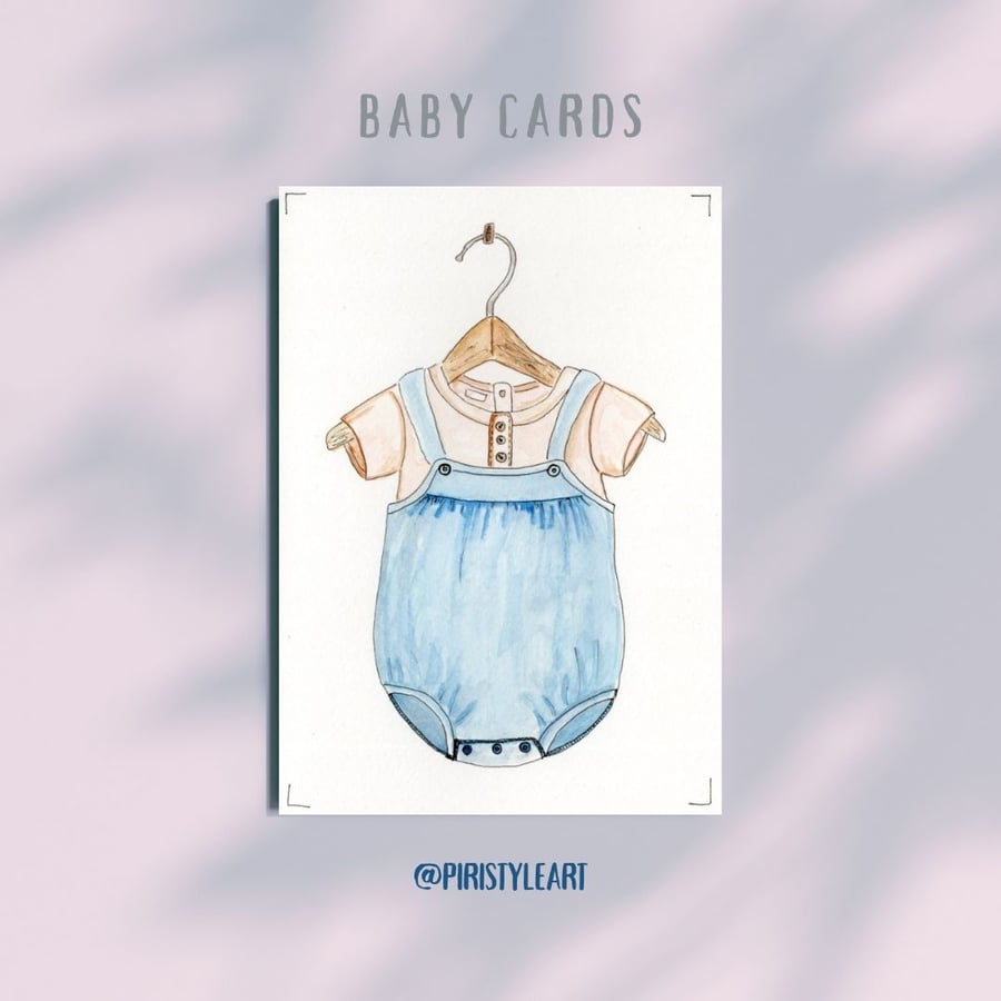 Original Watercolour Baby Boy Card – Hand-Painted Dungaree Design (A6)