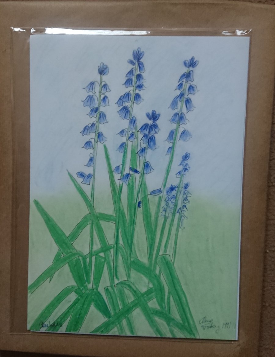 Bluebells print, original A4 mixed media artwork and A6 notecards