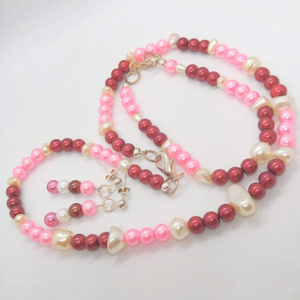 Pink Burgundy and Cream Pearl Jewellery Set, Christmas Gift for Her