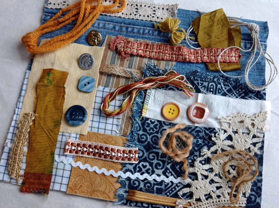 Denim inspiration bundle - old gold blue, slow stitching, textile art, crafts