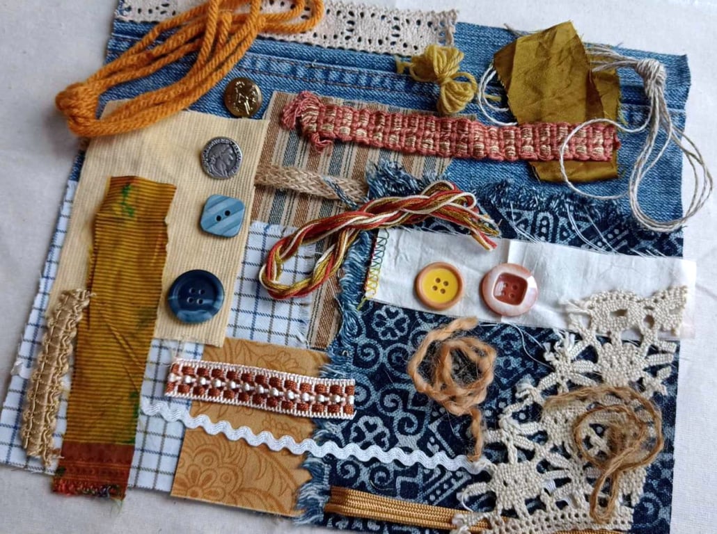 Denim inspiration bundle - old gold blue, slow stitching, textile art, crafts