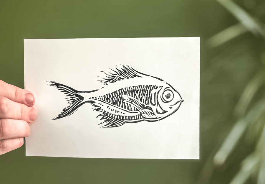 Mildly Surprised Fish Handmade Linoprint  