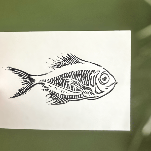 Mildly Surprised Fish Handmade Linoprint  