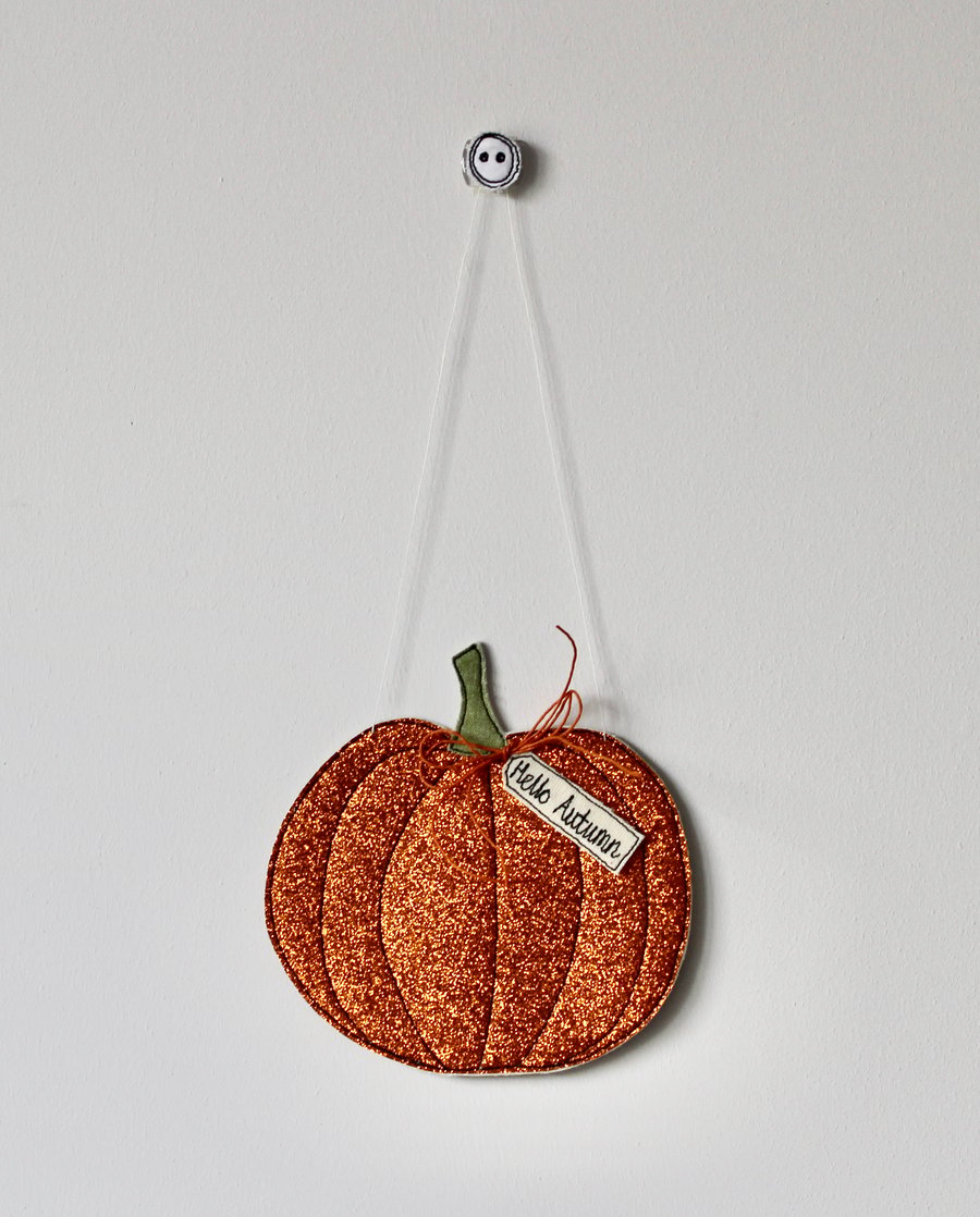 'Hello Autumn' Glittery Pumpkin - Hanging Decoration