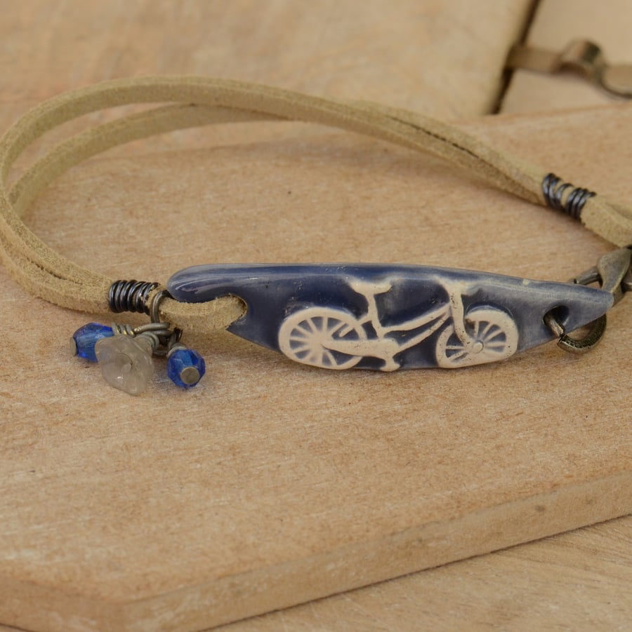 Handmade Blue Ceramic Bicycle Bracelet Bar with Faux Suede & Czech Beads