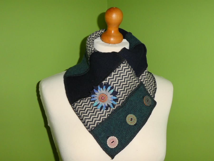 Neck Warmer Scarf with 3 button Trim. Upcycled Cowl. Felt Flower.  Blue and Teal