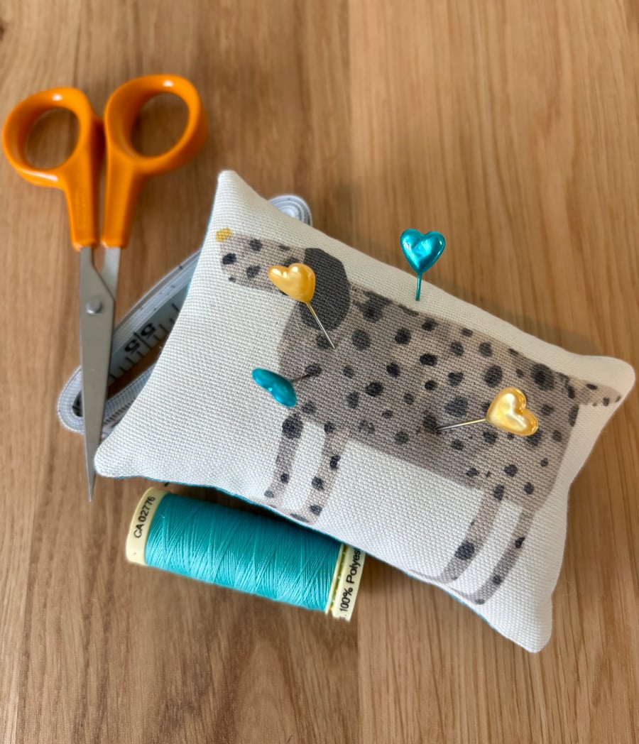 Cute “spotty dog” pincushion with teal blue back