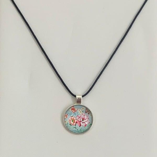 Shabby Chic Floral Glass Pendant Necklace. Design 3