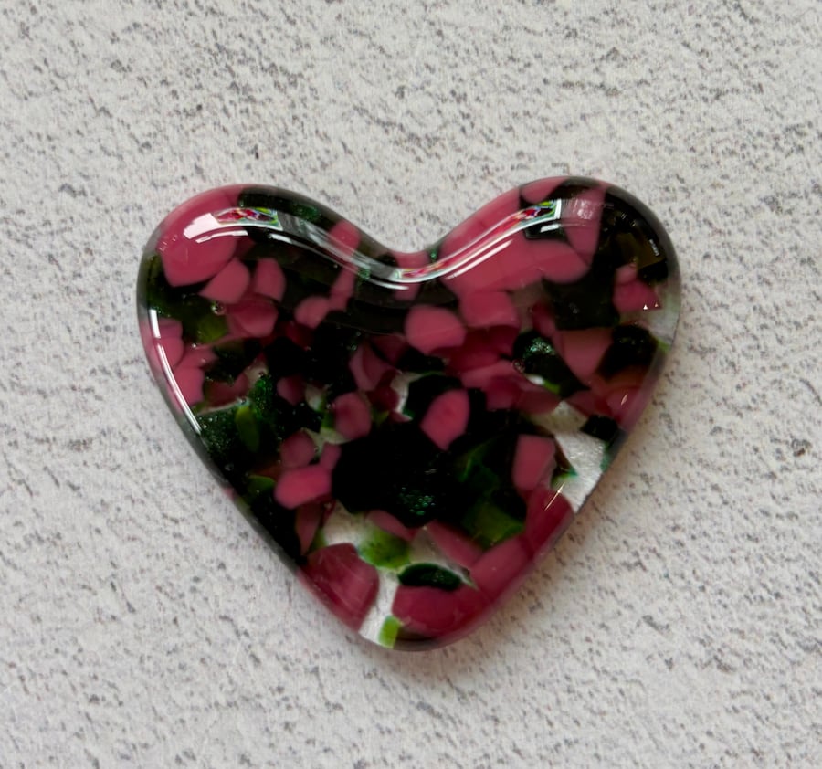 Fused glass love heart dusky rose and green mix