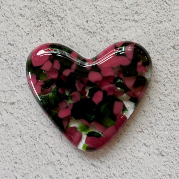 Fused glass love heart dusky rose and green mix