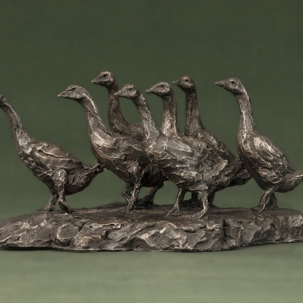 Gaggle of Geese Animal Statue Small Bronze Resin Sculpture