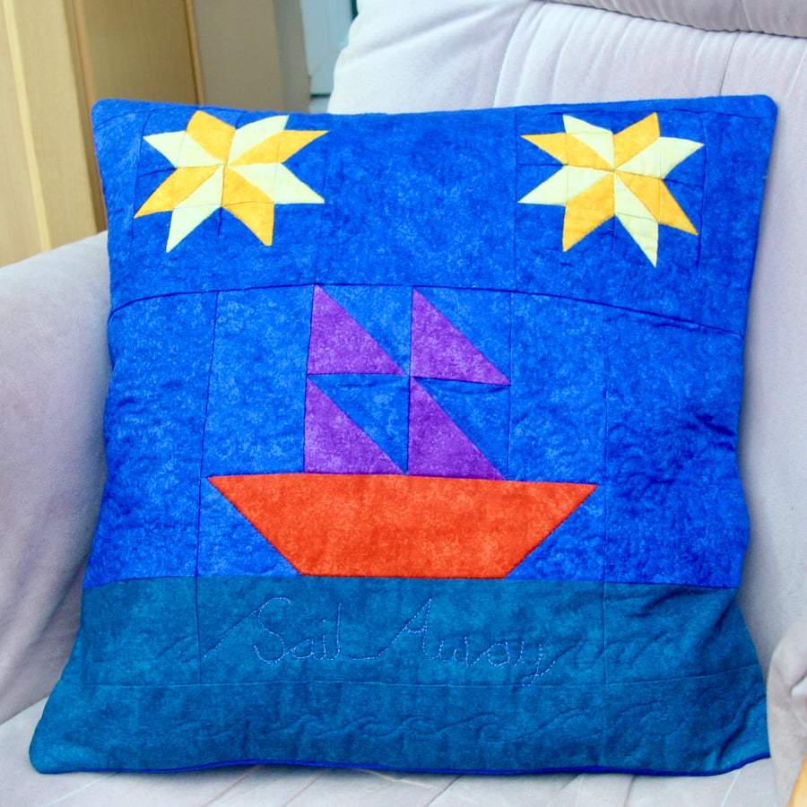 Sail Away Quilted Patchwork cushion cover featuring patchwork Sailboat and Stars