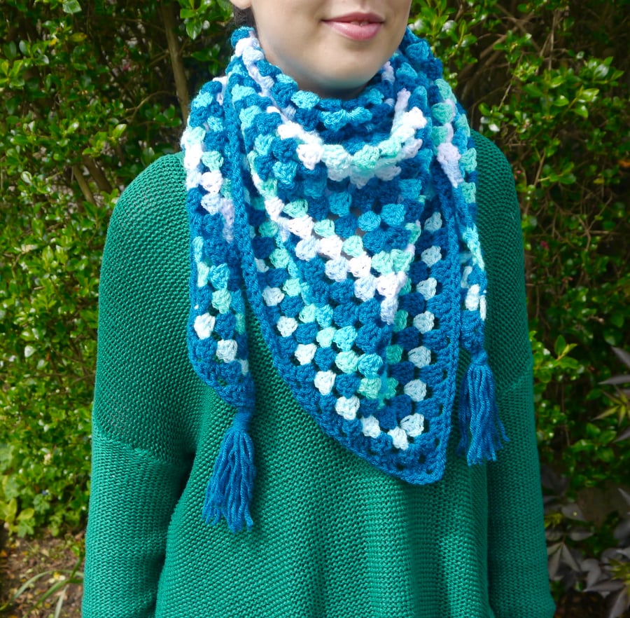 Turquoise Crochet Triangle Scarf, Shawl