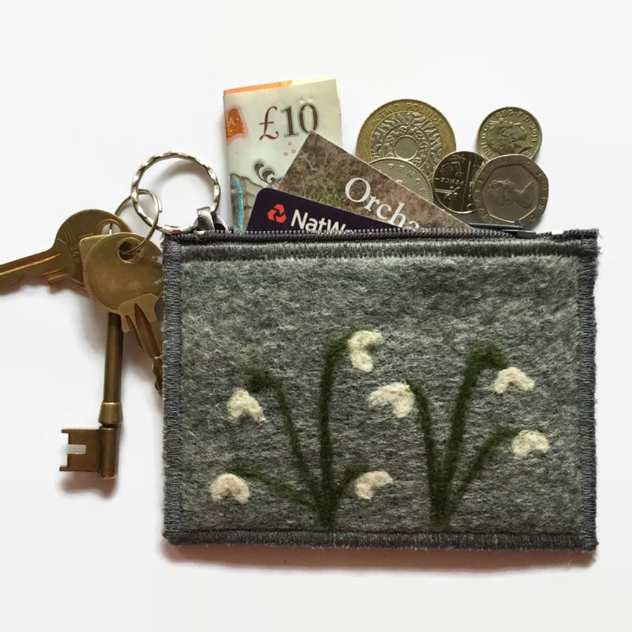 Grey felt coin purse with snowdrops, integral keyring and external pocket
