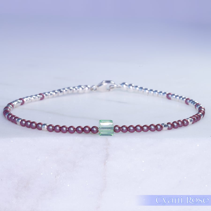 Bracelet dainty sterling silver & Swarovski glass pearl symmetric pattern 