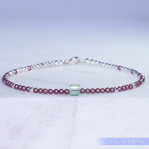 Bracelet dainty sterling silver & Swarovski glass pearl symmetric pattern 