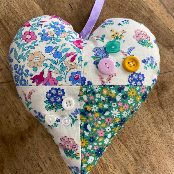 Padded Heart Hanging Decoration - Floral Liberty Fabric & Handsewn Decorations