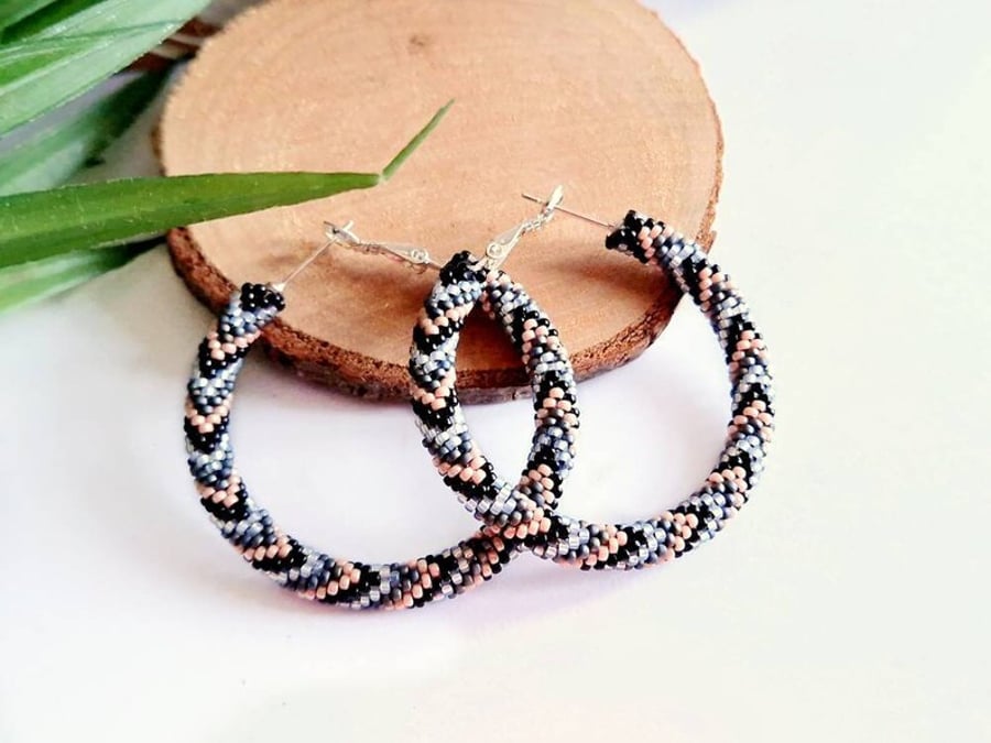 Sterling Silver Chevron Beaded Hoop Earrings