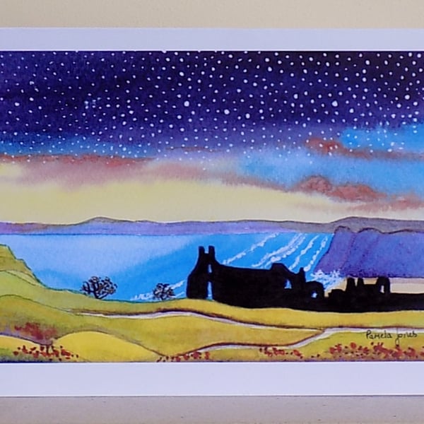 Starry Sky, Pennard Castle, Gower, Art Greetings Card,  A5, Blank inside