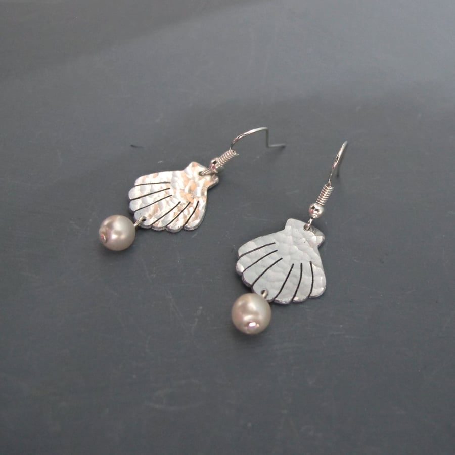 Aluminium & Faux Pearl Sea Shell Drop Earrings
