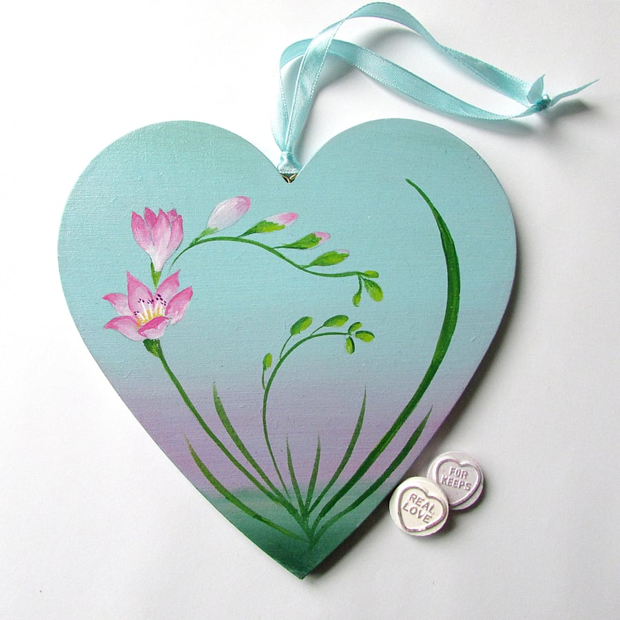 Large Hanging Heart, Handpainted Freesia Flower, Pink & Blue for Mum