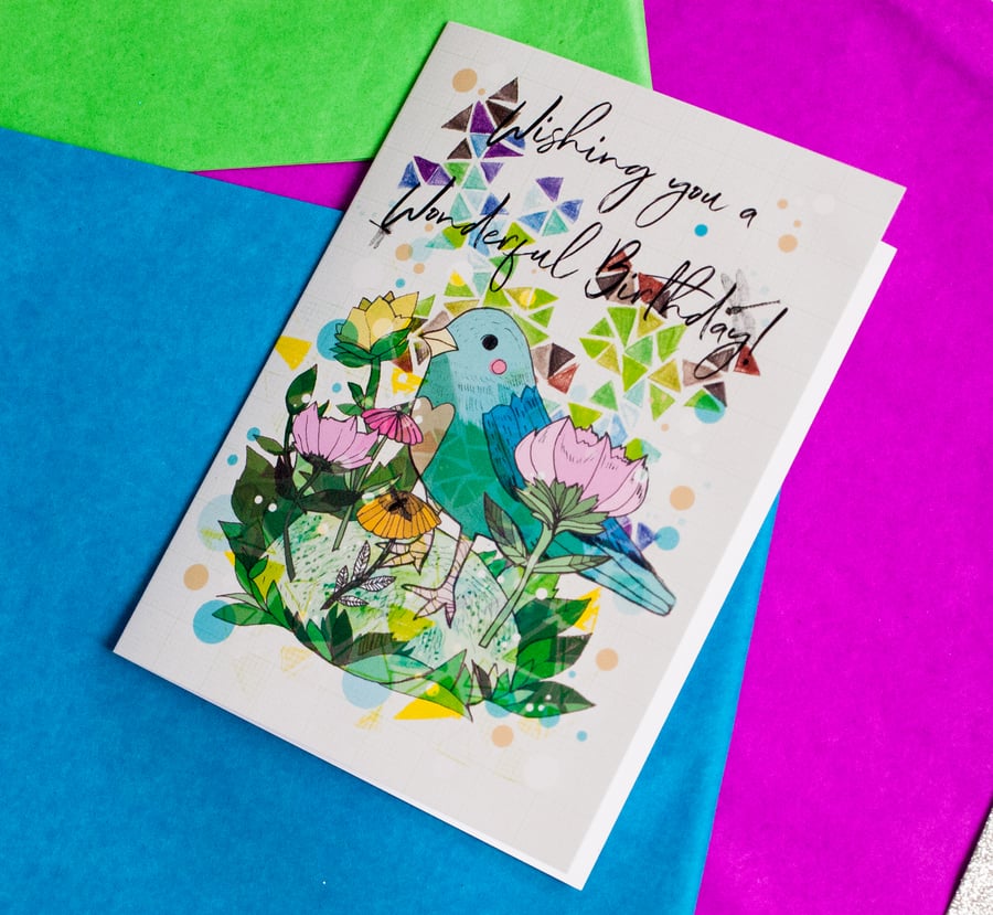 Little Blue Bird Happy Birthday Greeting Card - Bird Card- Stationery - Paper