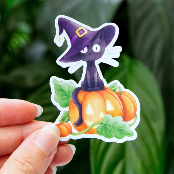 Halloween Black Cat Witch in Pumpkin Patch Illustrated Matte Vinyl Art Sticker