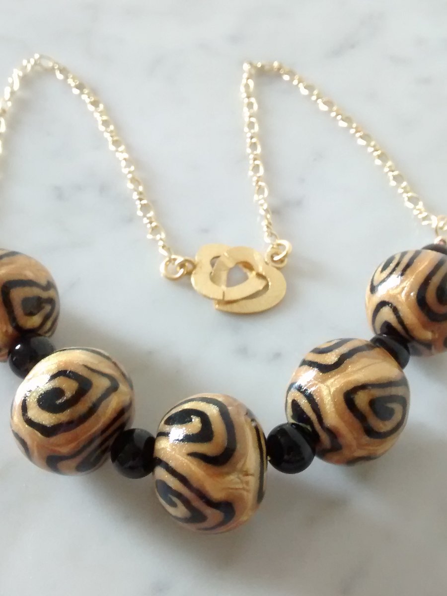 SALE - HALF PRICE -GOLD AND BLACK POLYMER CLAY NECKLACE  - FREE UK SHIPPING