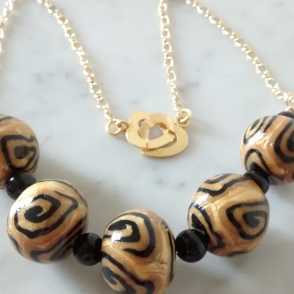 SALE - HALF PRICE -GOLD AND BLACK POLYMER CLAY NECKLACE  - FREE UK SHIPPING