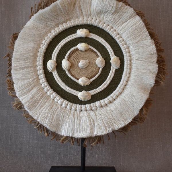 "Ubusika 4" – Khaki Green, Jute & Shell Wall Hanging Fibre Art