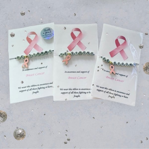 Be strong sentimental keepsake gift bracelet breast cancer awareness ribbon 