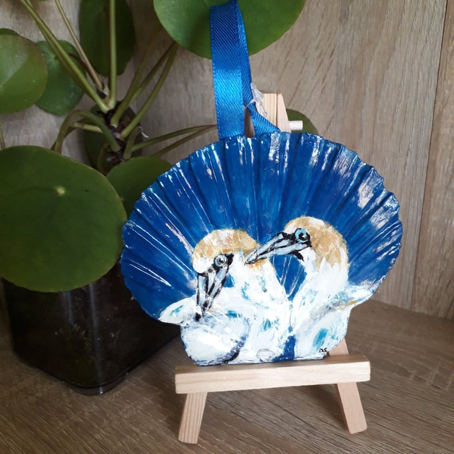 Pair of Gannets handpainted King scallop shell wall art.  
