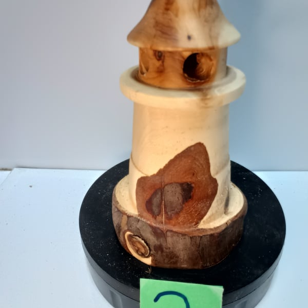 Handmade Yew wood Light house ornament, Live edge