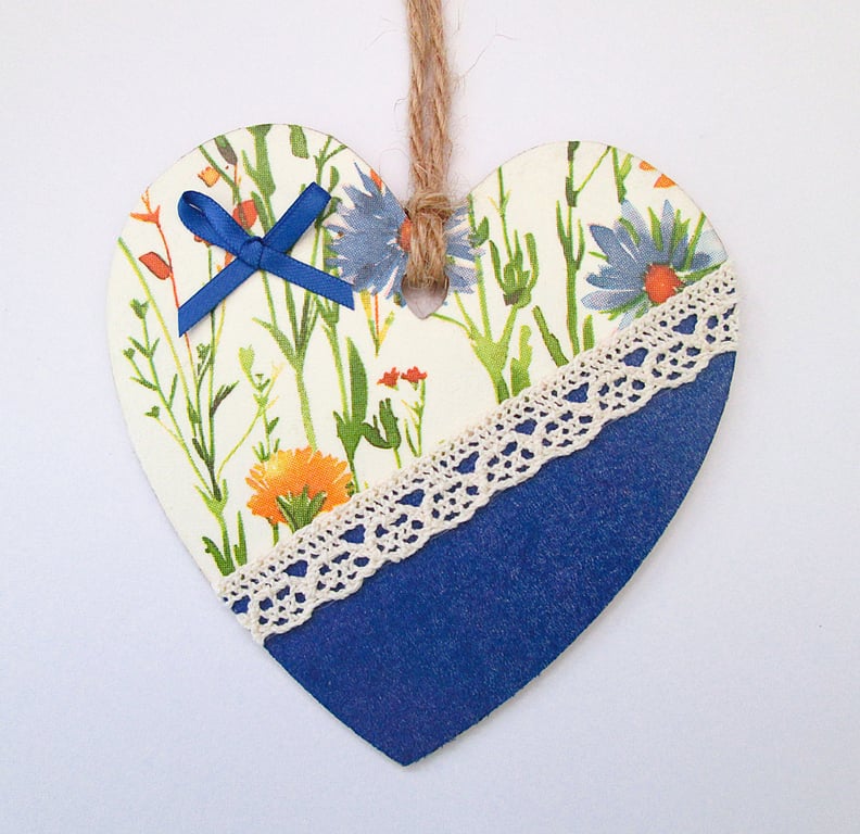 Summer flowers wood decoupage and lace heart hanging decoration