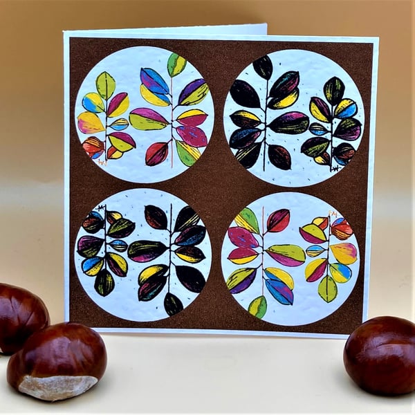 Blank Greetings Card, Floral Houseplant, pastel coloured leaves, modern design.