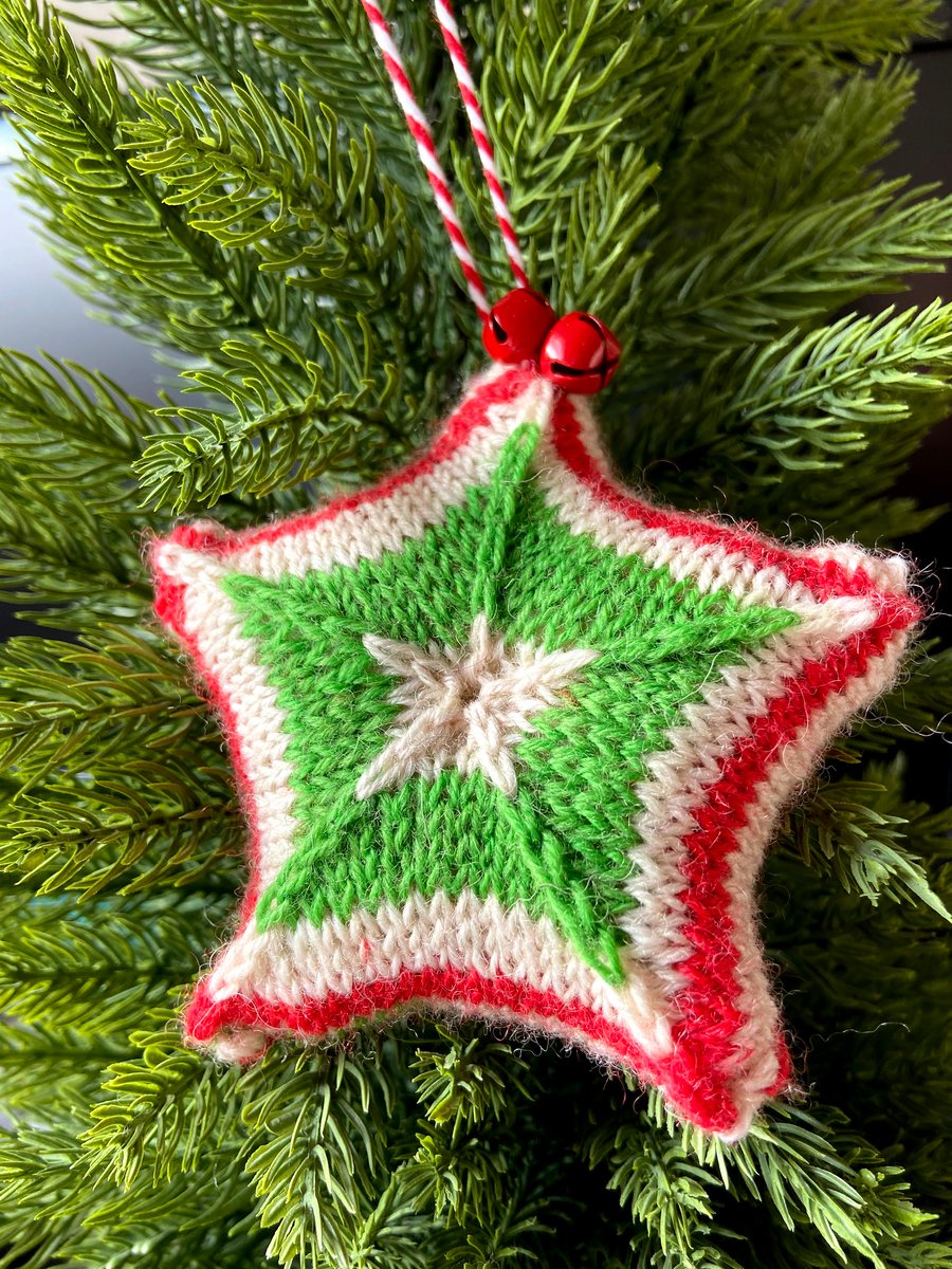 SOLD Hand knitted star - Christmas Decorations - Red, Green and White