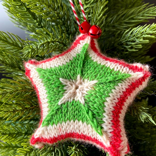 SOLD Hand knitted star - Christmas Decorations - Red, Green and White