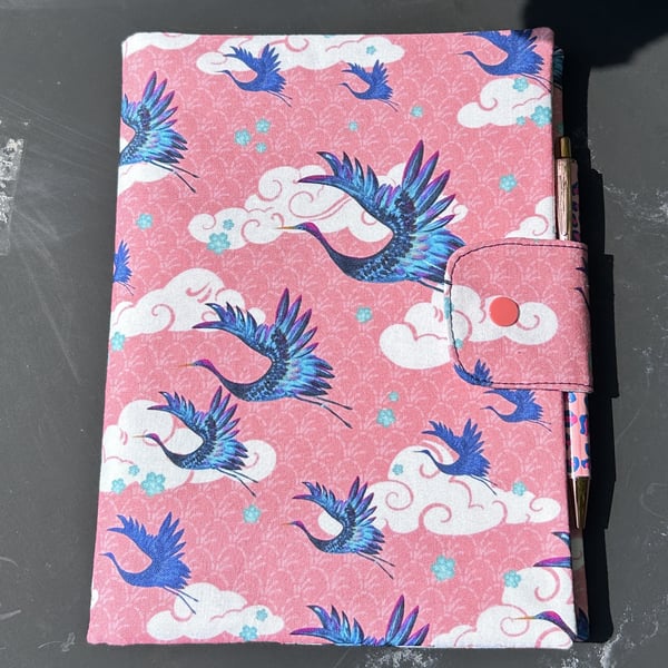 Cotton-Covered A5 Notebook with Pen - crane birds