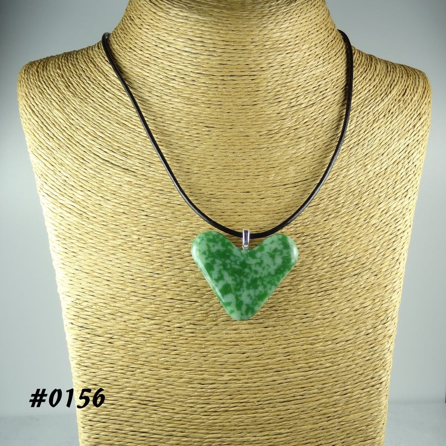 Green handcrafted fused glass heart pendant on a black leather cord (0156)