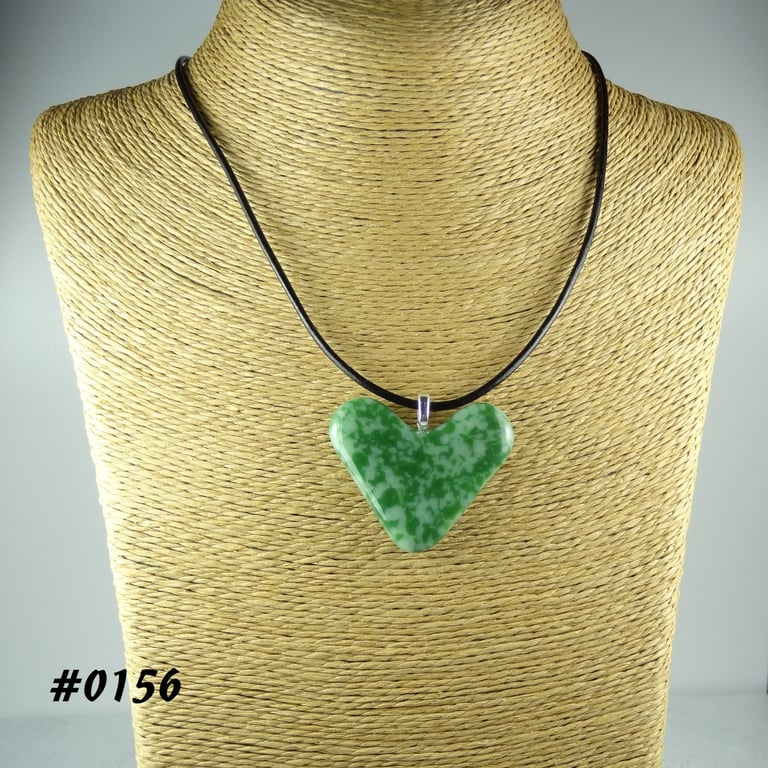 Green handcrafted fused glass heart pendant on a black leather cord (0156)