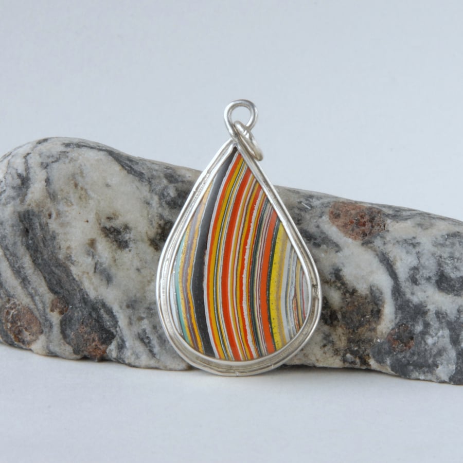 Retro fordite and sterling silver tear drop pendant