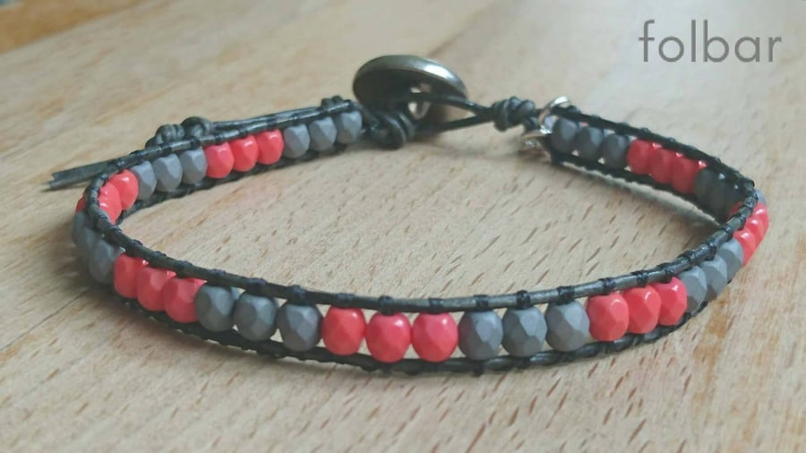 Grey and coral beaded leather bracelet