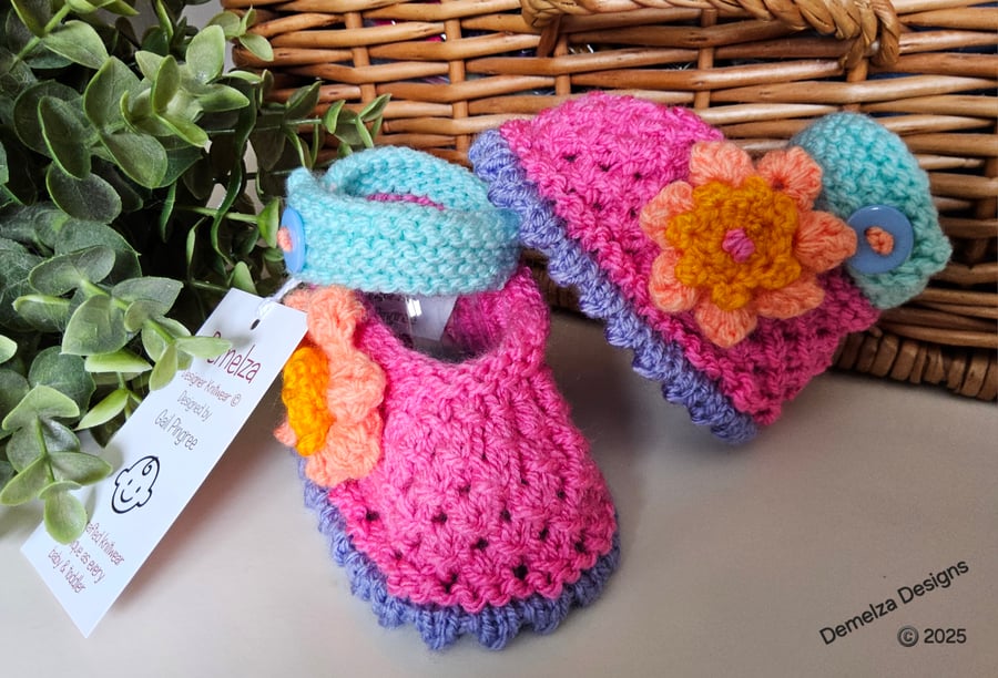 Designer Baby Girl's Pink Lacey Hand Knitted Flower Shoes  3-6 months size
