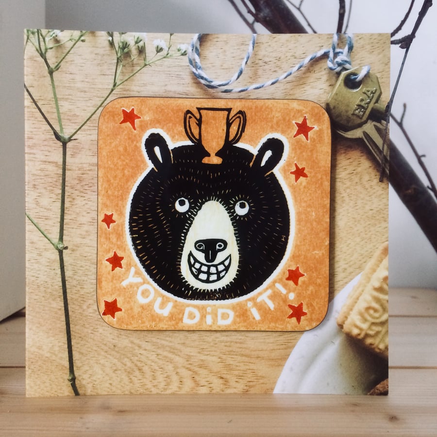 'You Did It!' Bear coasterCARD (Exams, Tests or Results Present)