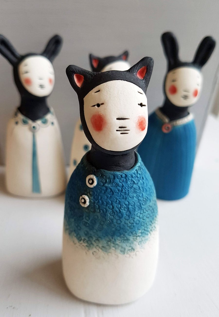 Ceramic Miniature Figurine - Peculiar Cat Person with ombre cape